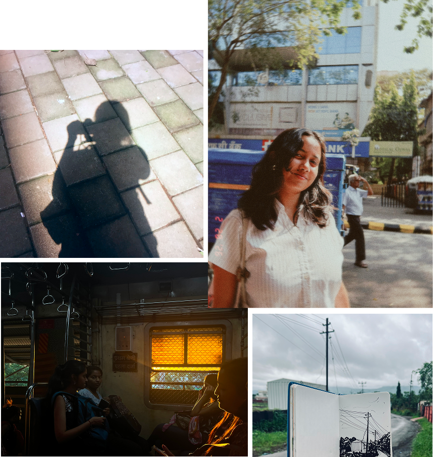 collage of arunima in mumbai: a street portrait, a shadow self-portrait, a train interior, and a sketchbook drawing