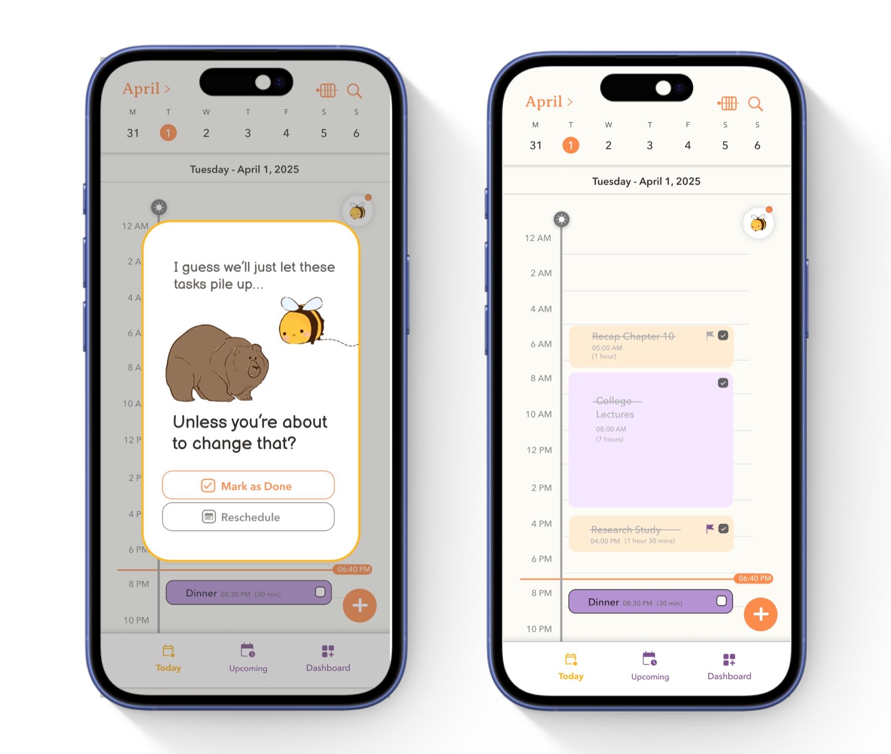 bo's reminder prompt asking if the user is about to change their mind about pending tasks, with mark as done and reschedule options