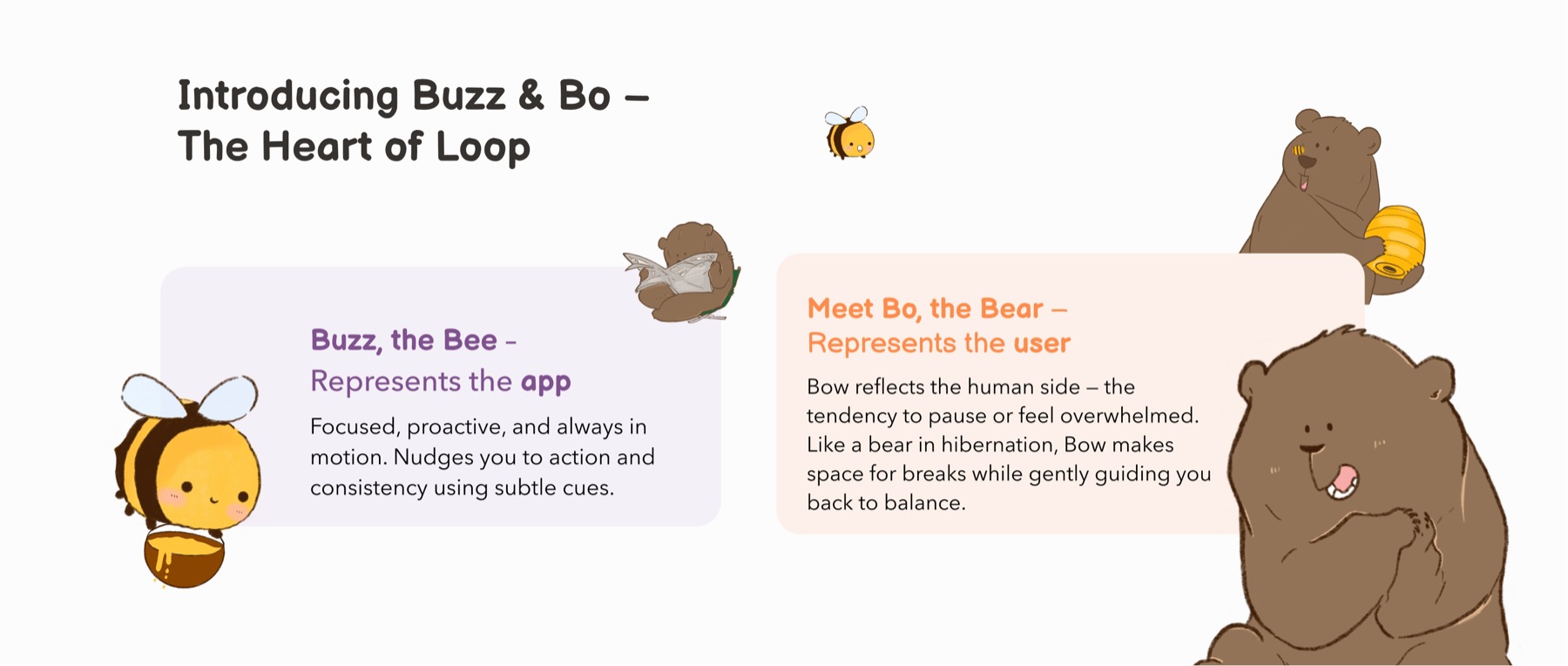 buzz the bee, representing the app's focused nudges, and bo the bear, representing the user's tendency to pause or feel overwhelmed