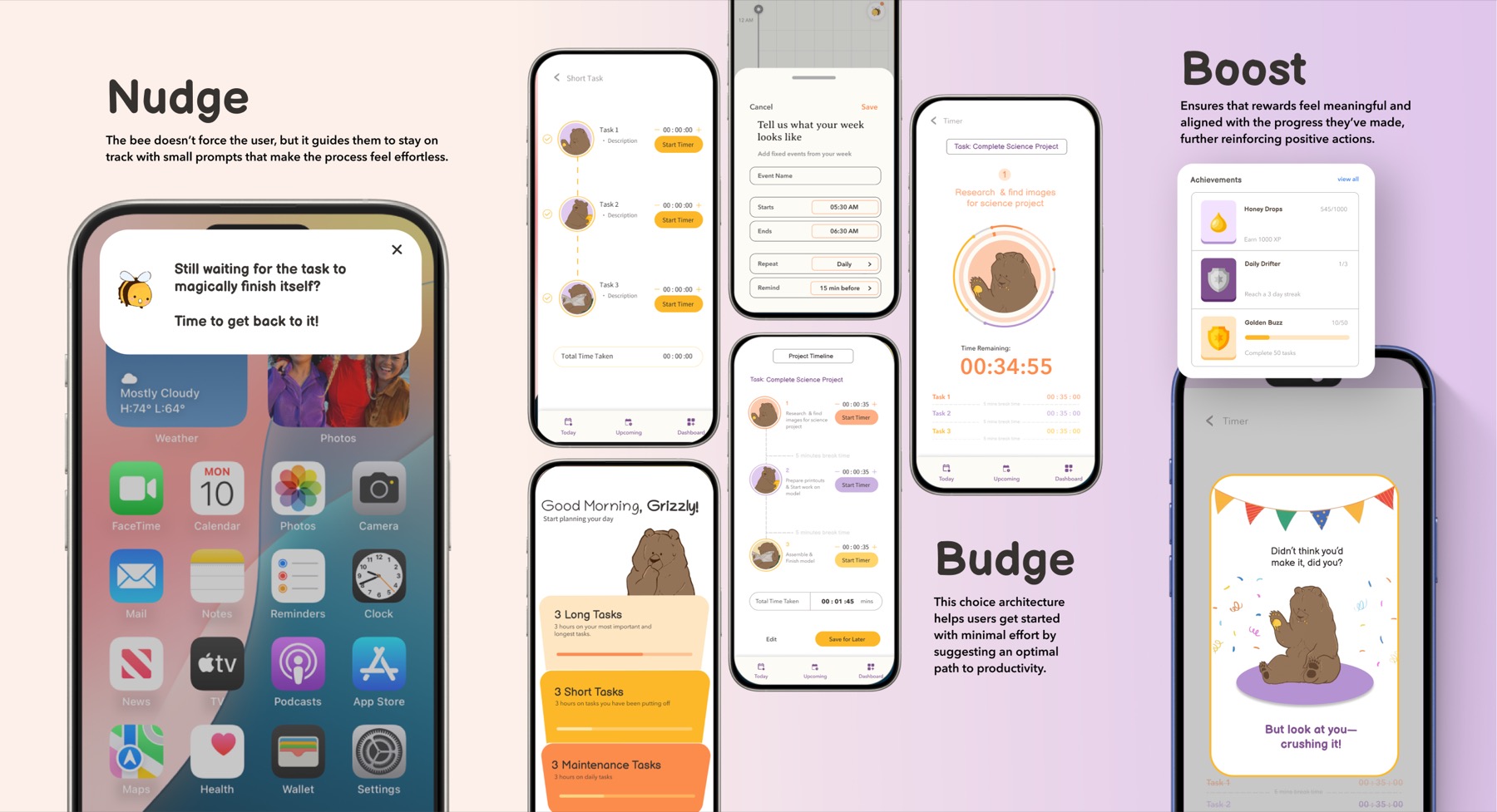 a nudge notification, short task and week-planning screens, and an achievements/celebration screen, illustrating the nudge, budge, and boost mechanics