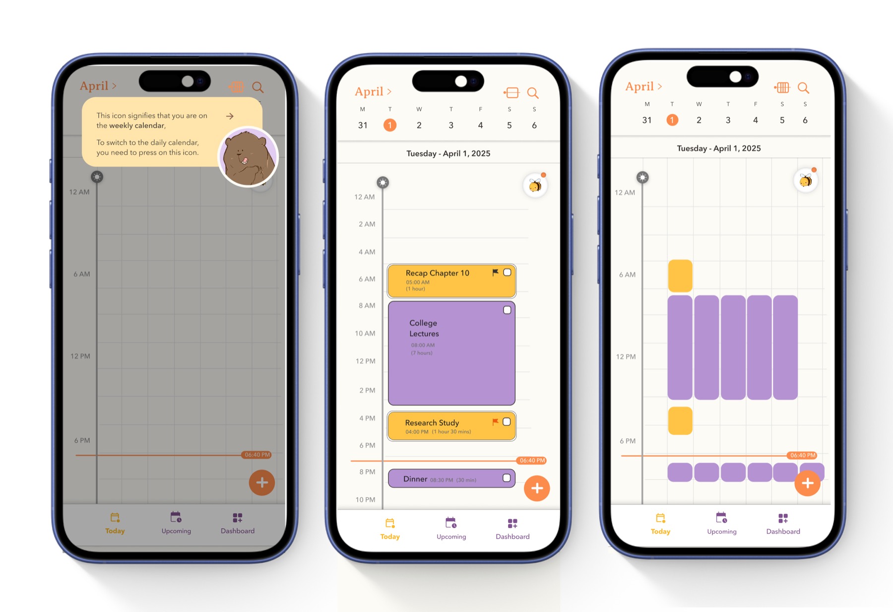 tooltip explaining the weekly/daily calendar toggle icon, shown alongside the daily list view and the weekly grid view