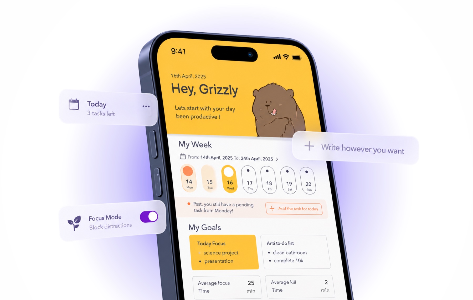 loop app on an iphone, showing the today view with tasks, my week overview, and daily goals