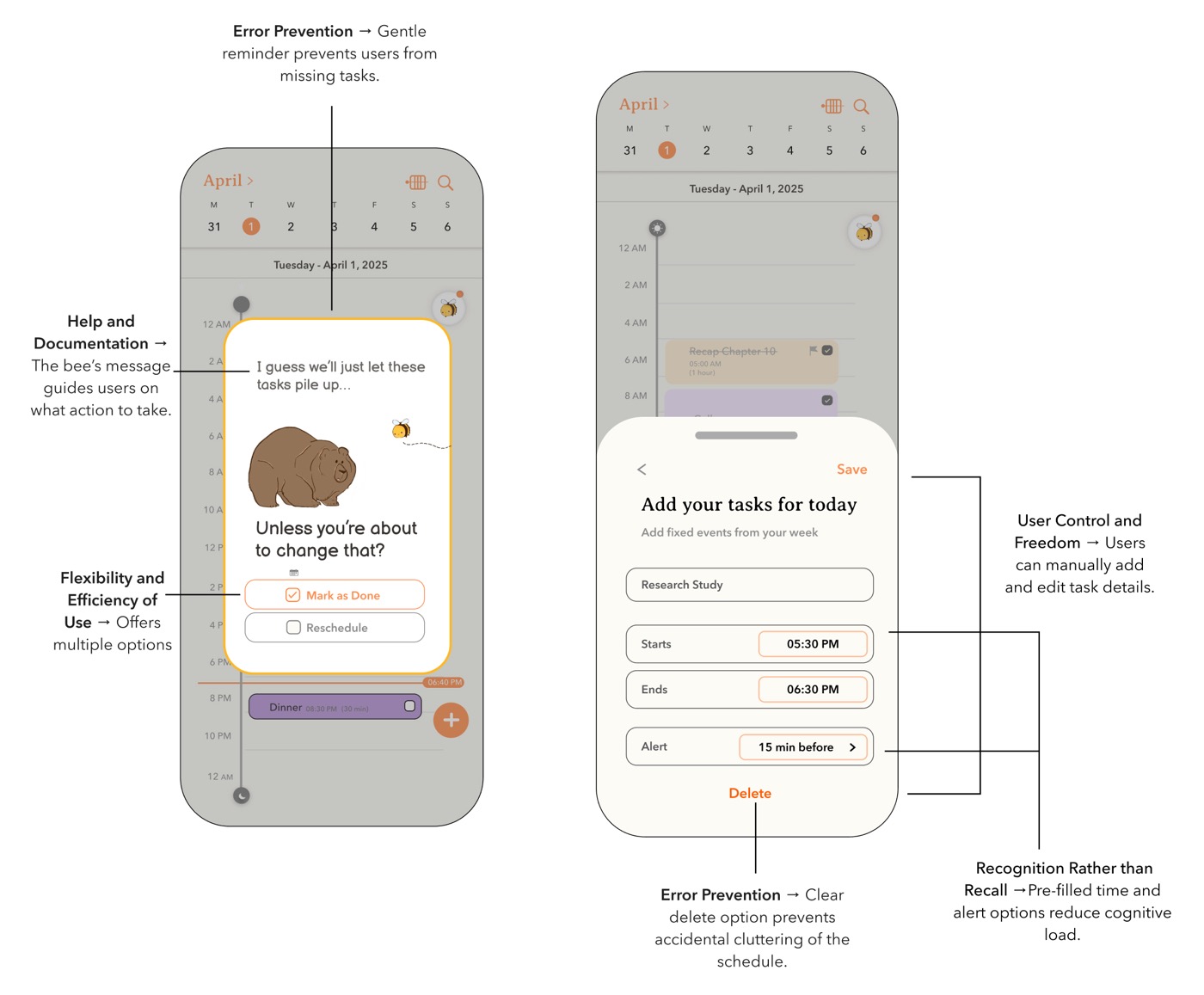 usability heuristics annotated on the reminder prompt and task editing screens: error prevention, help and documentation, flexibility and efficiency of use, user control and freedom, and recognition rather than recall