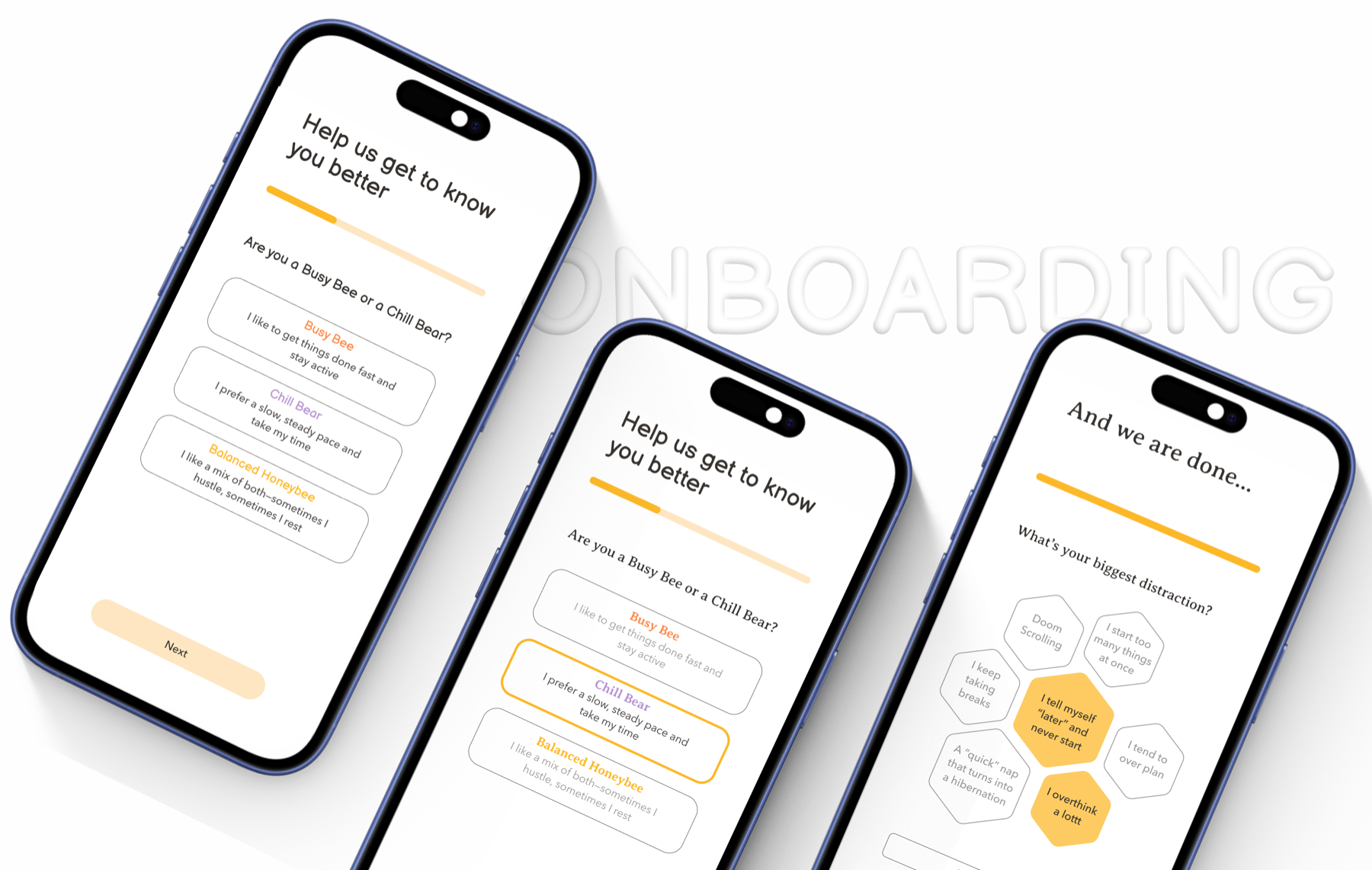 onboarding quiz screens asking whether you're a busy bee, chill bear, or balanced honeybee, and what your biggest distraction is