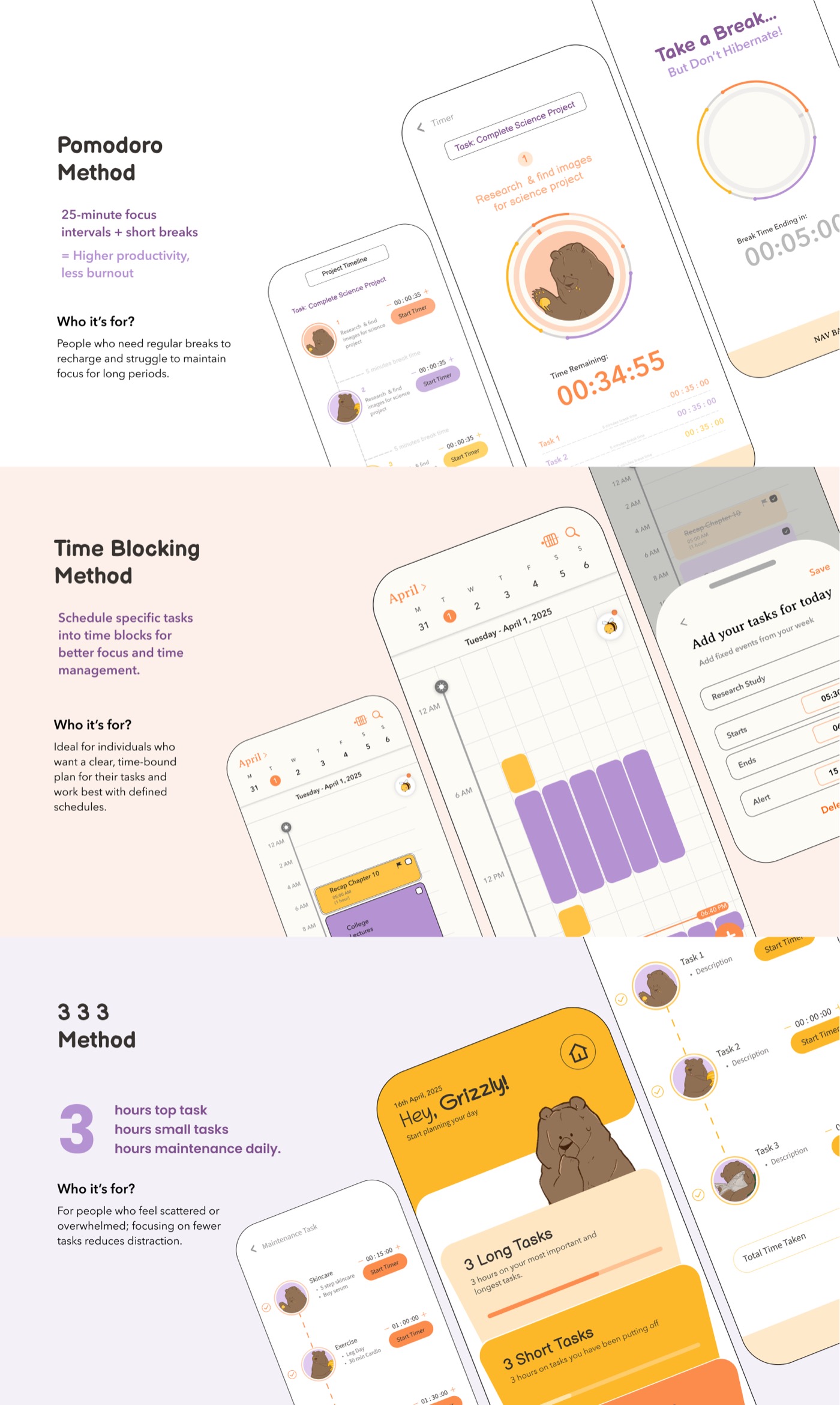 three method breakdowns: pomodoro (25-minute focus intervals), time blocking (scheduled task blocks), and the 3-3-3 method (3 hours top task, small tasks, and maintenance)