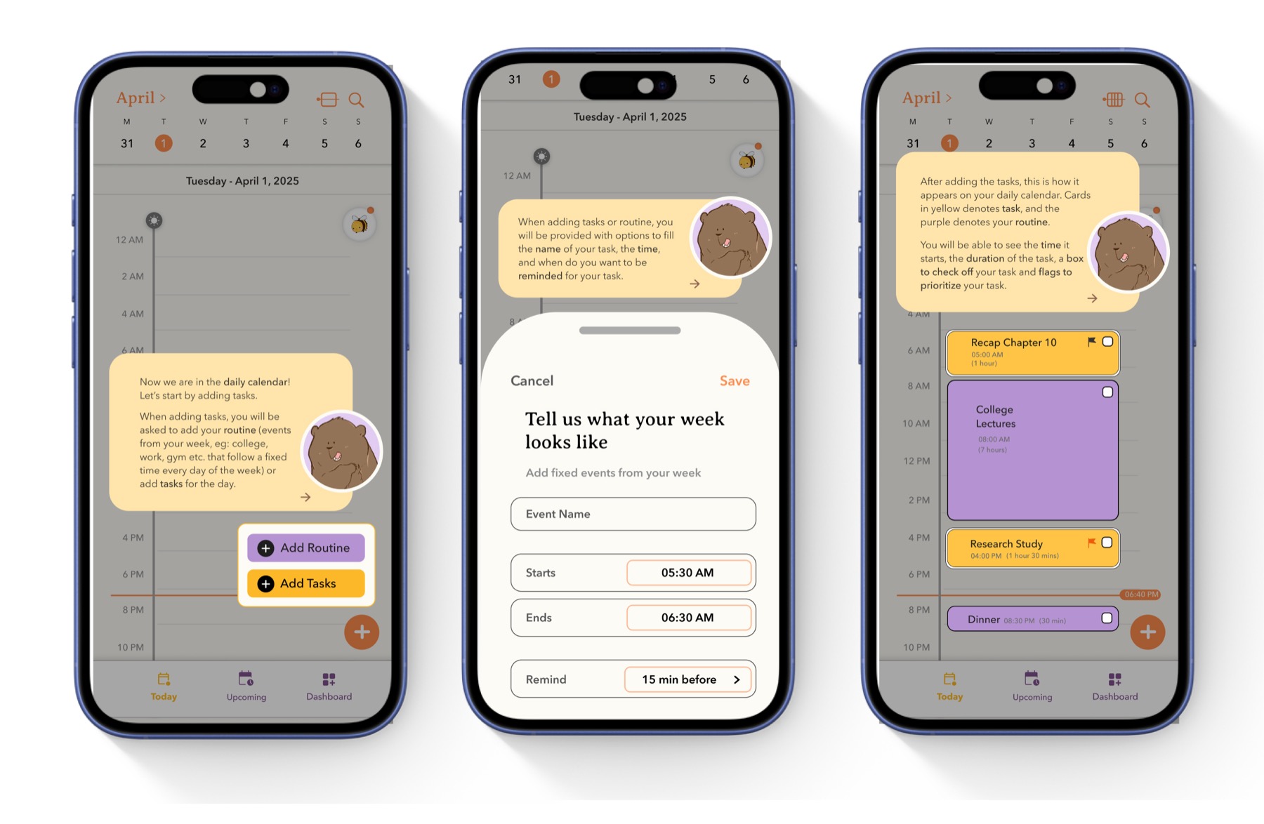 add routine tooltip and the routine-entry modal, where a user names an event and sets its start time, end time, and reminder