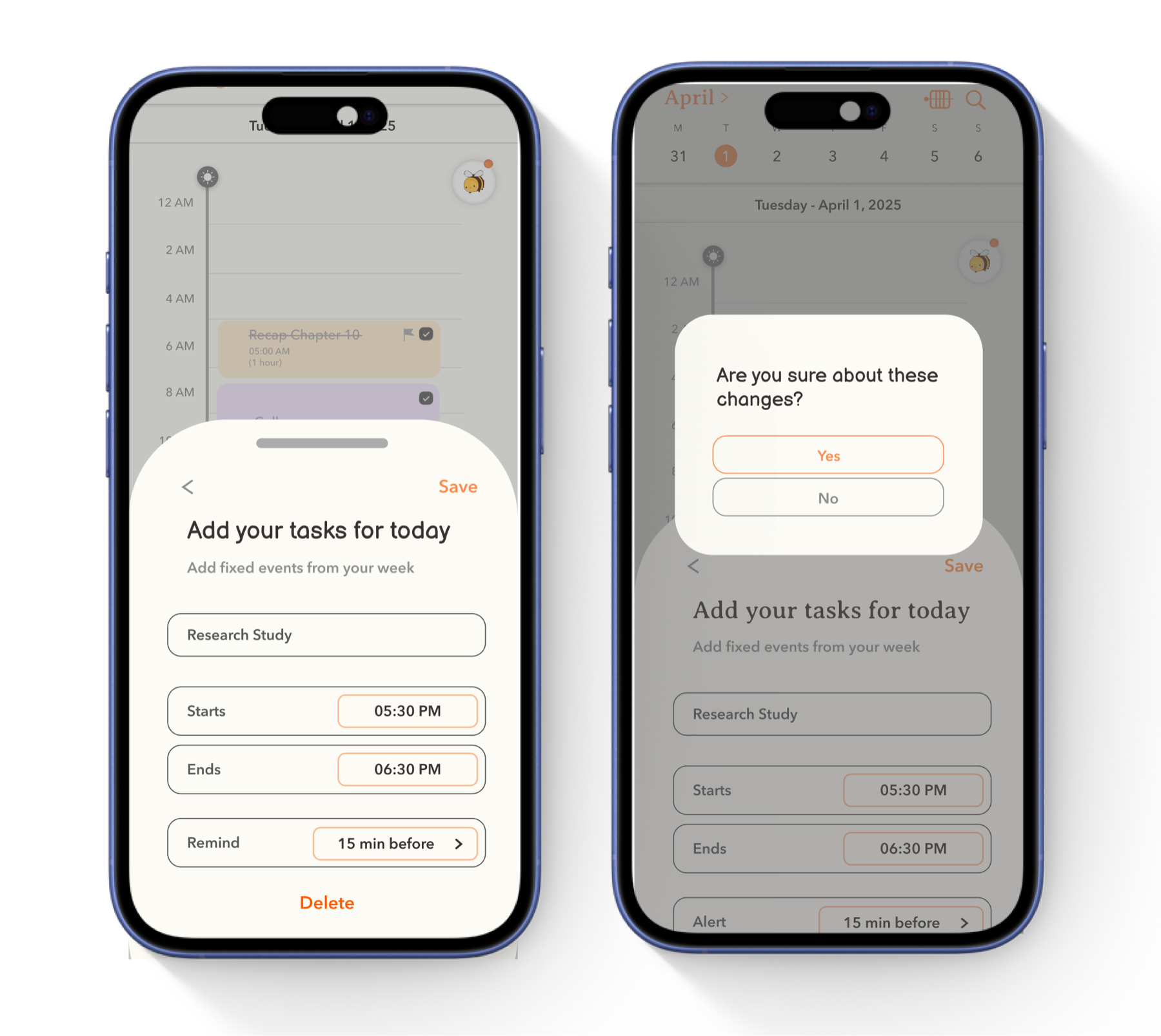 task edit screen with a delete option, and a confirmation prompt asking if the user is sure about their changes