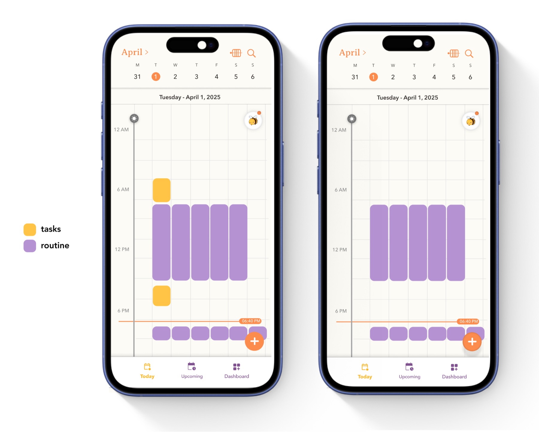 weekly calendar view with routine blocks in purple and task blocks in orange