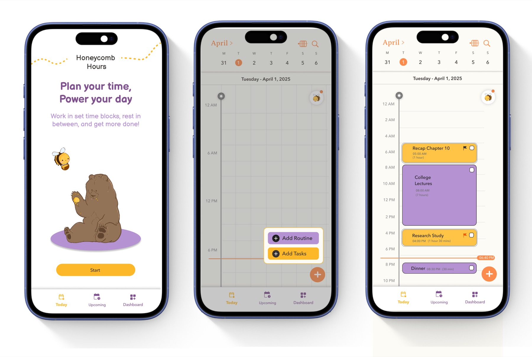 honeycomb hours welcome screen, followed by first-run tooltips guiding a user to add routine and tasks to their calendar