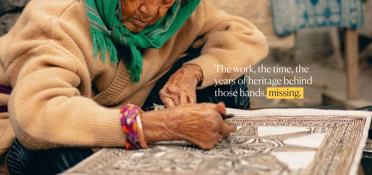 an artisan hand-drawing a pattern, with overlaid text reading the work, the time, the years of heritage behind those hands, missing